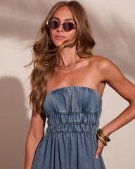 Jaclyne Strapless Tiered Chambray Maxi Dress