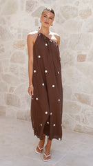 Nasira One Shoulder Maxi Dress Chocolate White Polka Dot