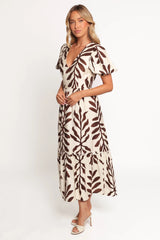 Steele Puff Sleeve Midi Dress Brown Palm