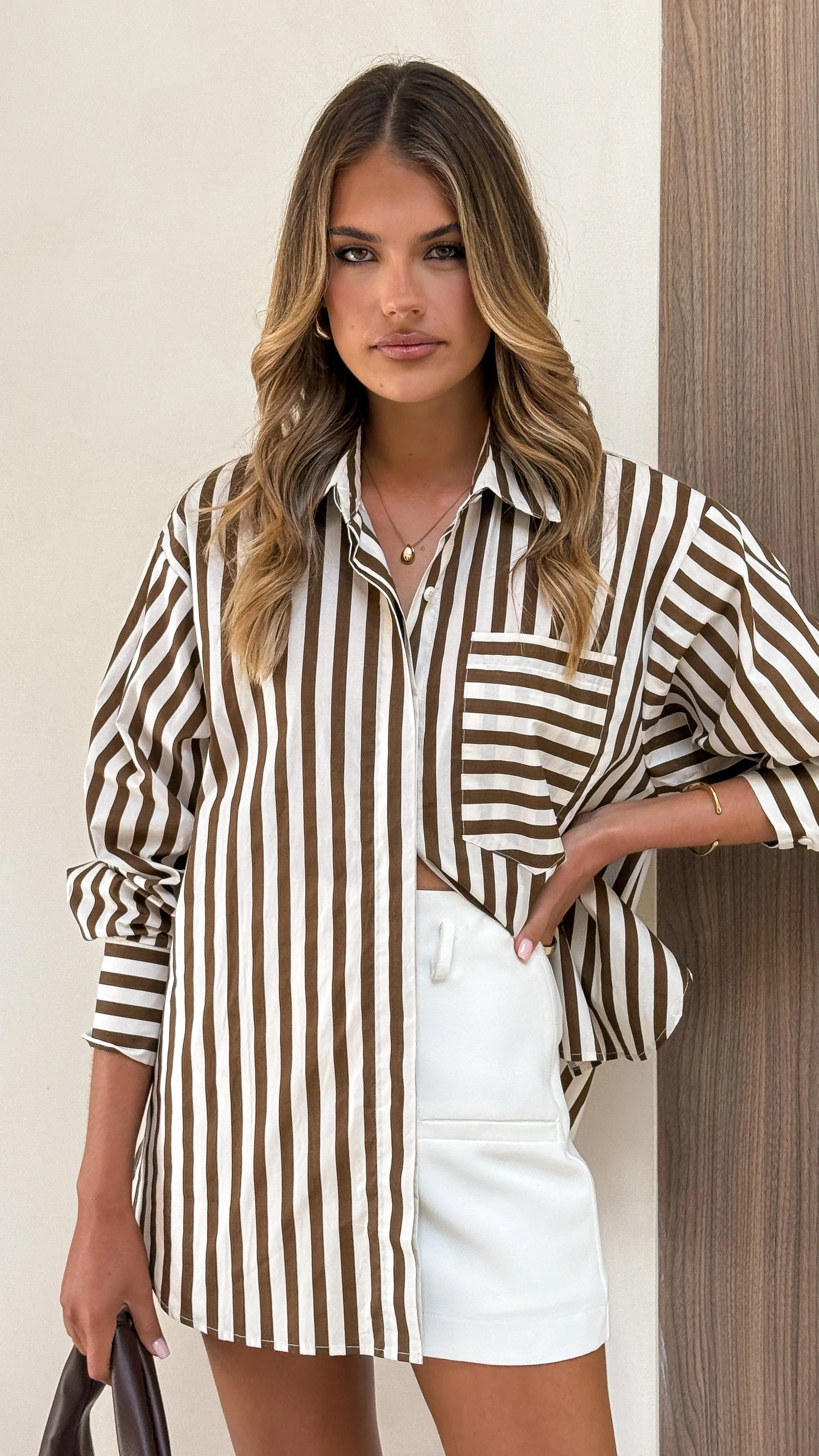 Zoah Long Sleeve Button Up Shirt Choc Champagne Stripe