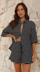 Lacole Button Up Shirt and Shorts Set Black White Stripe