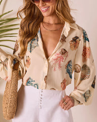 Ocean Whisper Sea Life Print Button Up Top