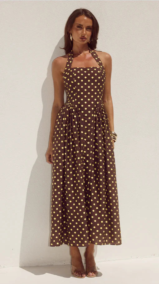 Sammi Halter Midi Dress Choc Lemon Polka