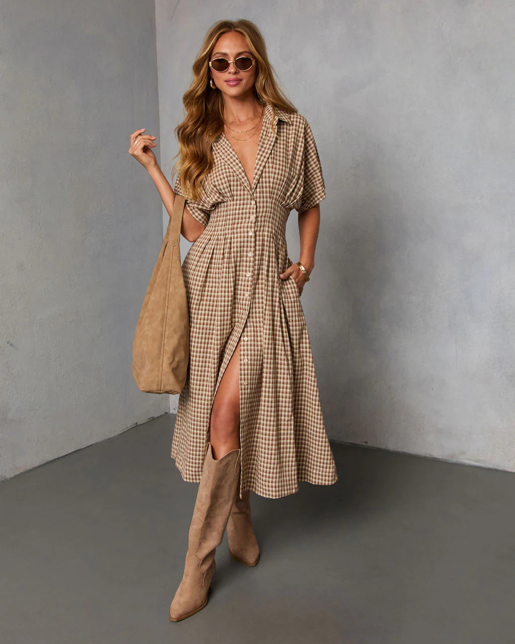 Backroad Blues Gingham Midi Shirt Dress