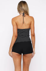 Laced Up Halter Top Black White Polka Dot