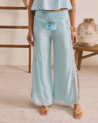 Sunlit Palm Drawstring Relaxed Eyelet Trim Pants