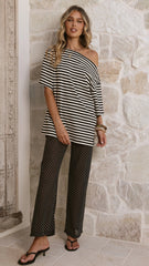 Pia One Shoulder Oversize Tee Black White Stripe