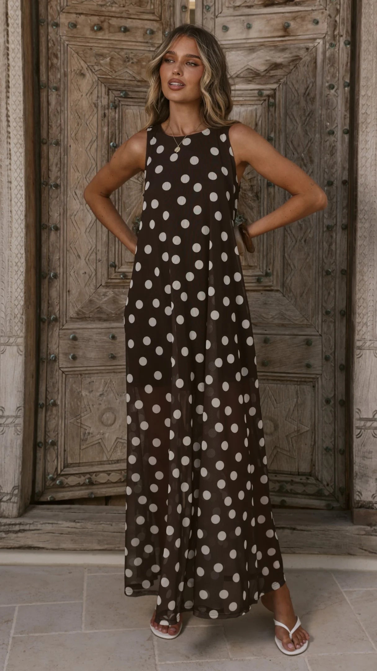 Amryn Maxi Dress Choc White Polka Dot