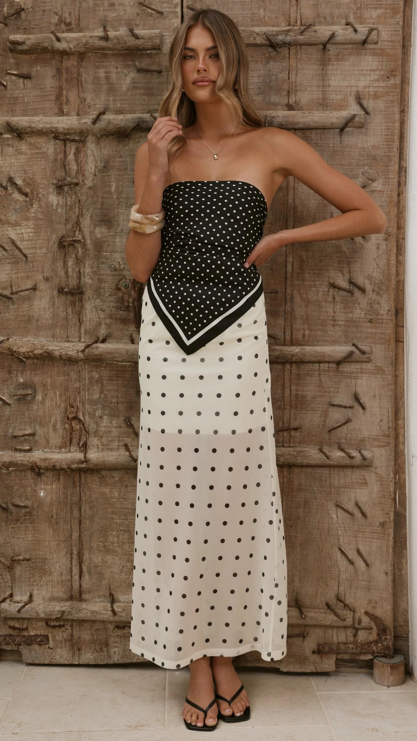 Onella Semi Sheer Maxi Skirt Cream Black Polka Dot
