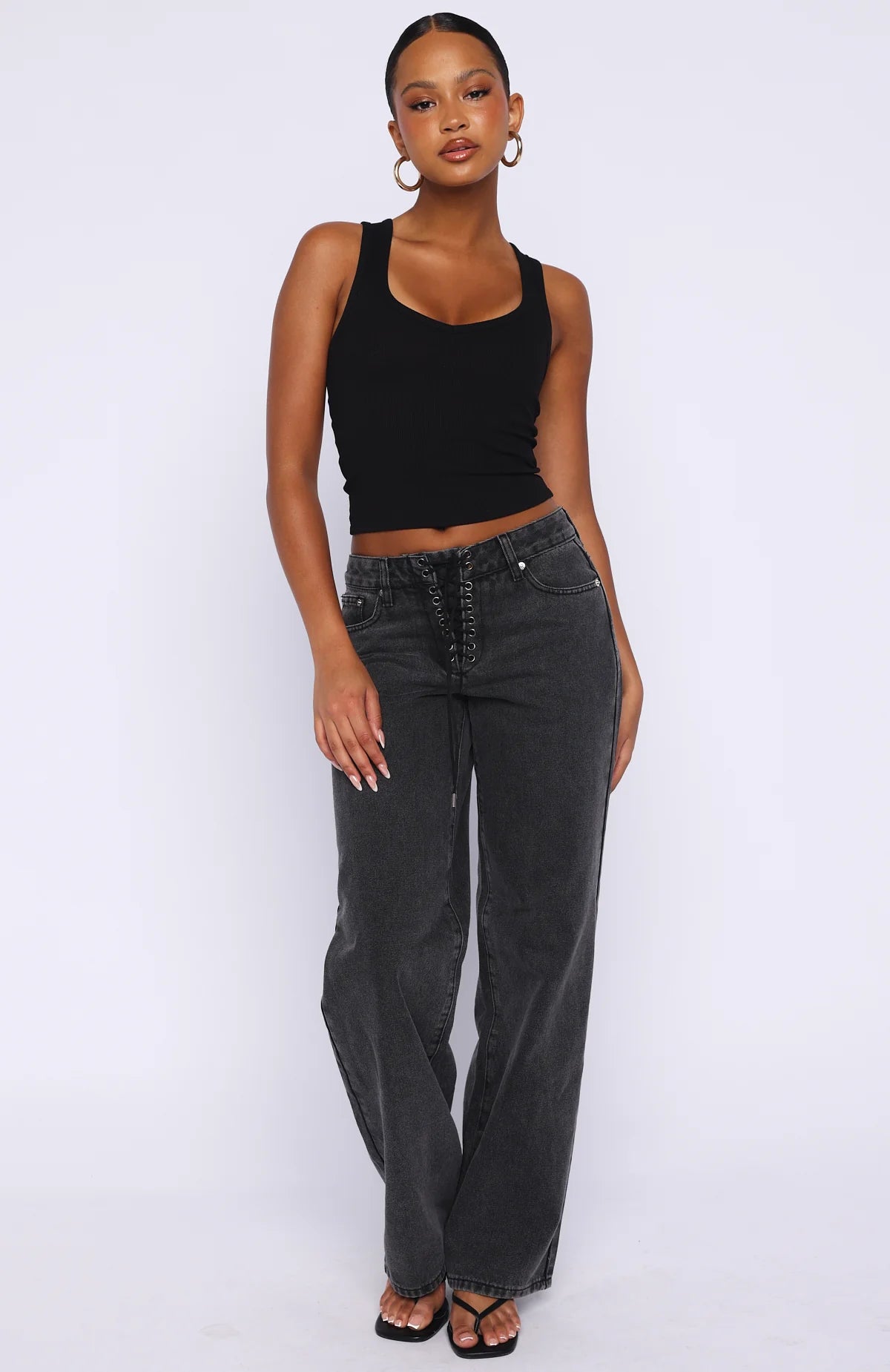 Making Appearances Mid Rise Lace Up Straight Leg Jeans Black Acid Wash