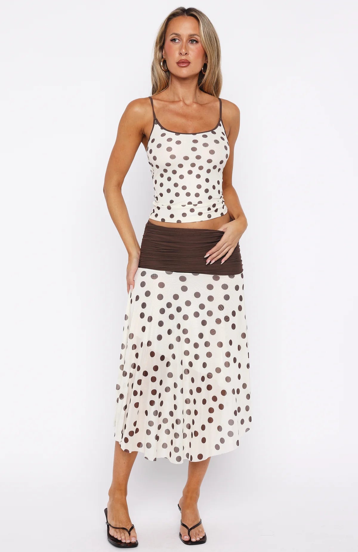 Mediterranean Mirage Midi Skirt Cream Choc Polka Dot