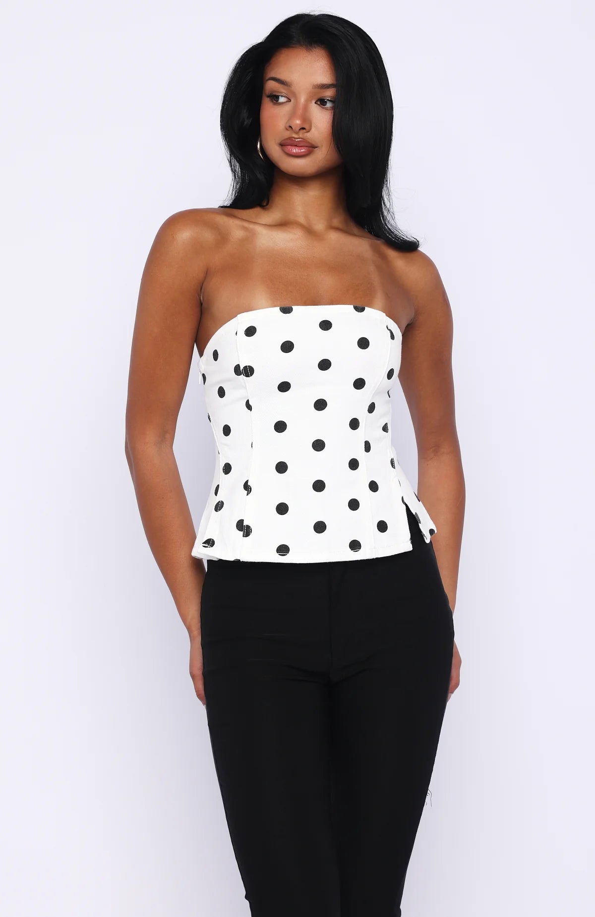 More Power Strapless Denim Top White Black Polka Dot