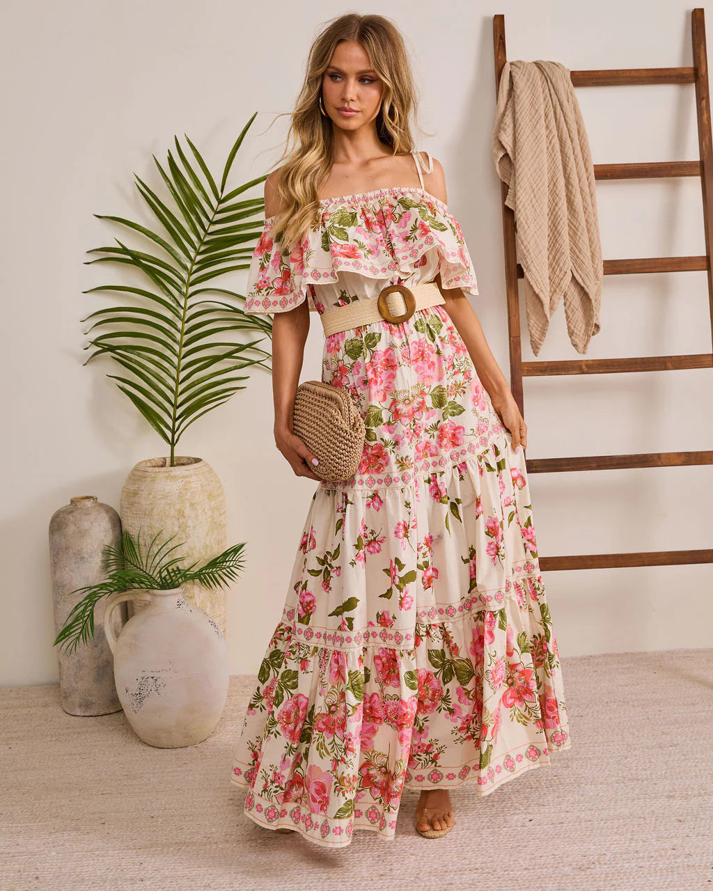 Morning Ease Belted Off The Shoulder Floral Maxi Dress