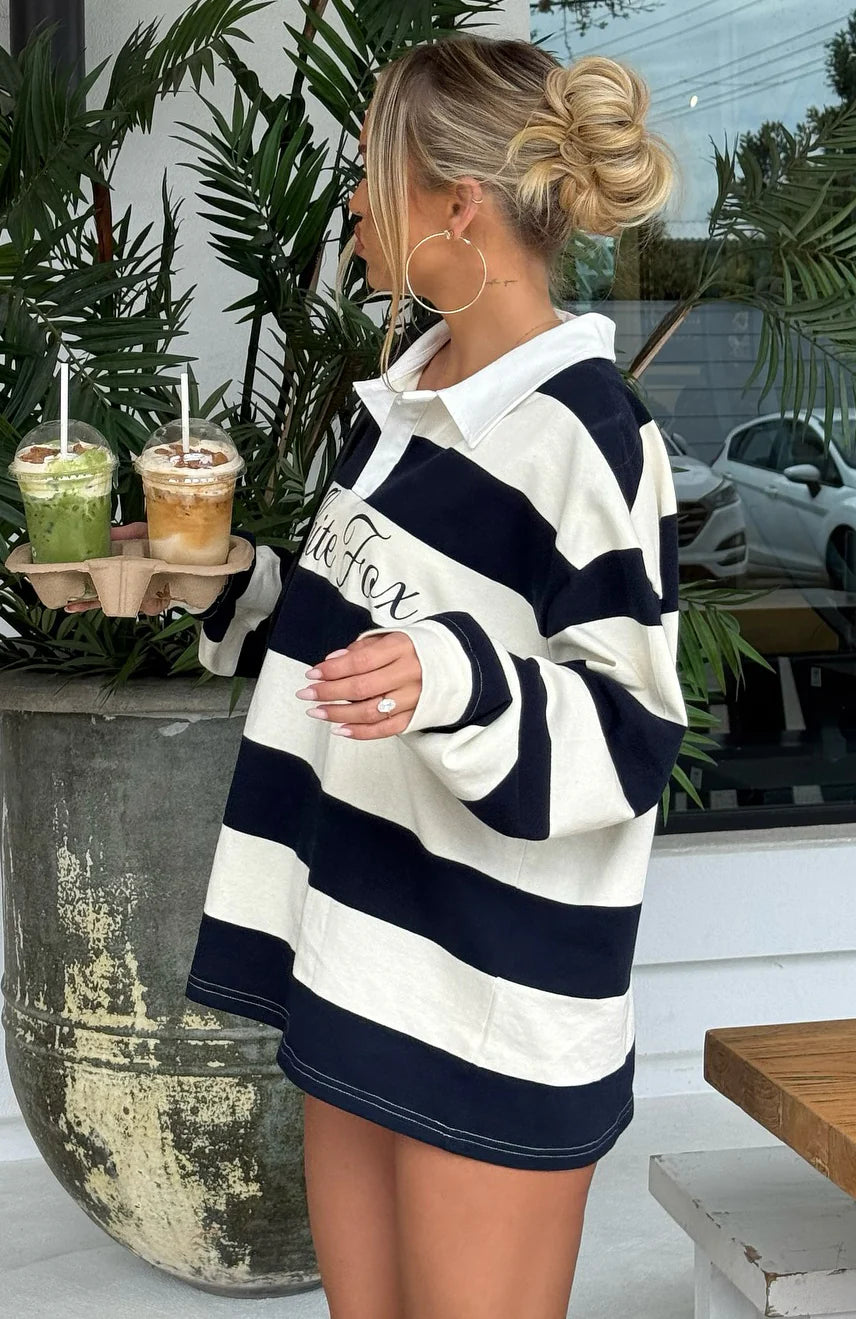 My Reality Striped Long Sleeve Rugby Shirt Navy Cream Stripe