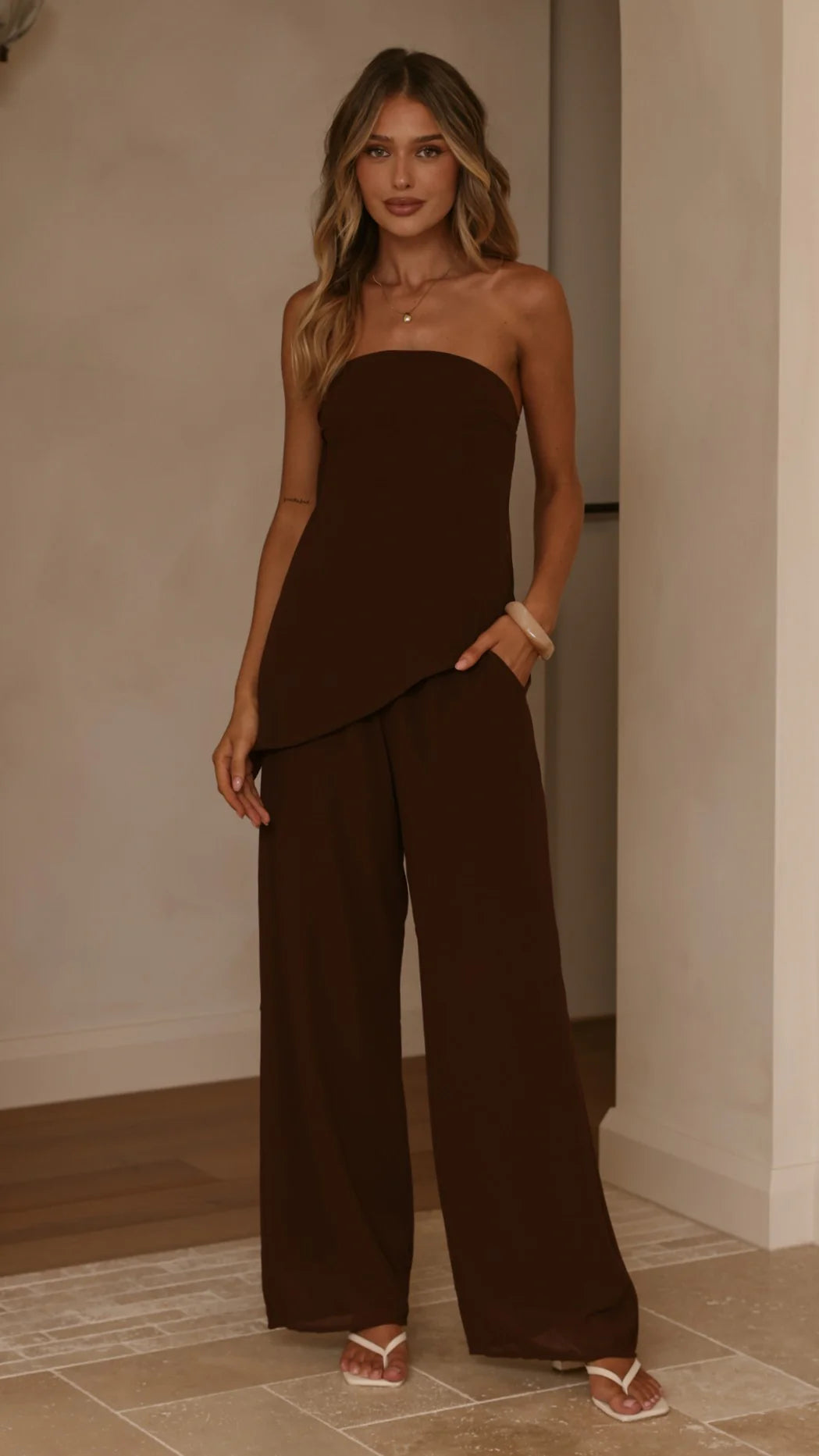 Zabrina Semi Sheer Strapless Top and Pants Set Chocolate