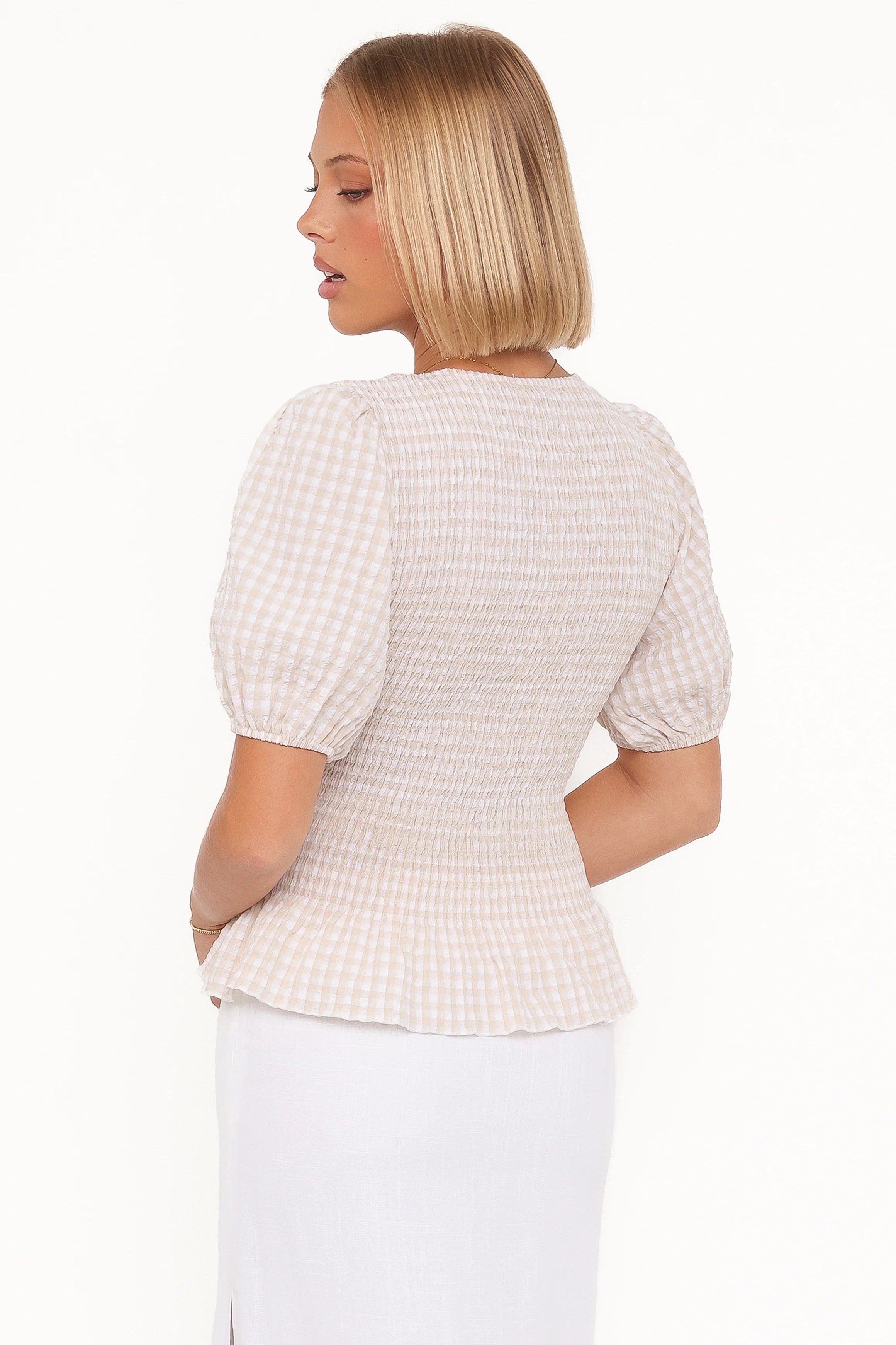 Callista Shirred Waist Top Beige Gingham