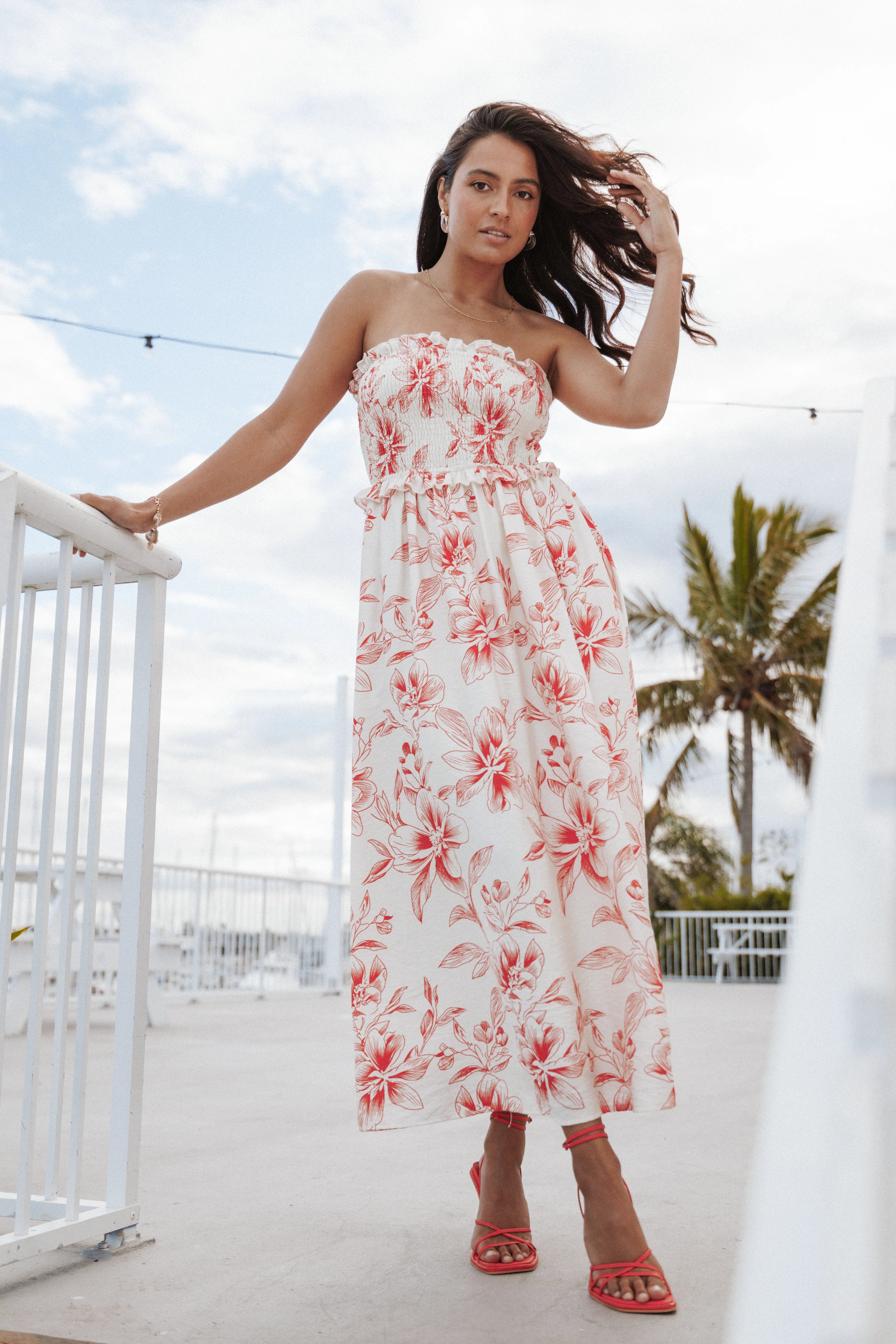 Avania Strapless Midi Dress Red Floral