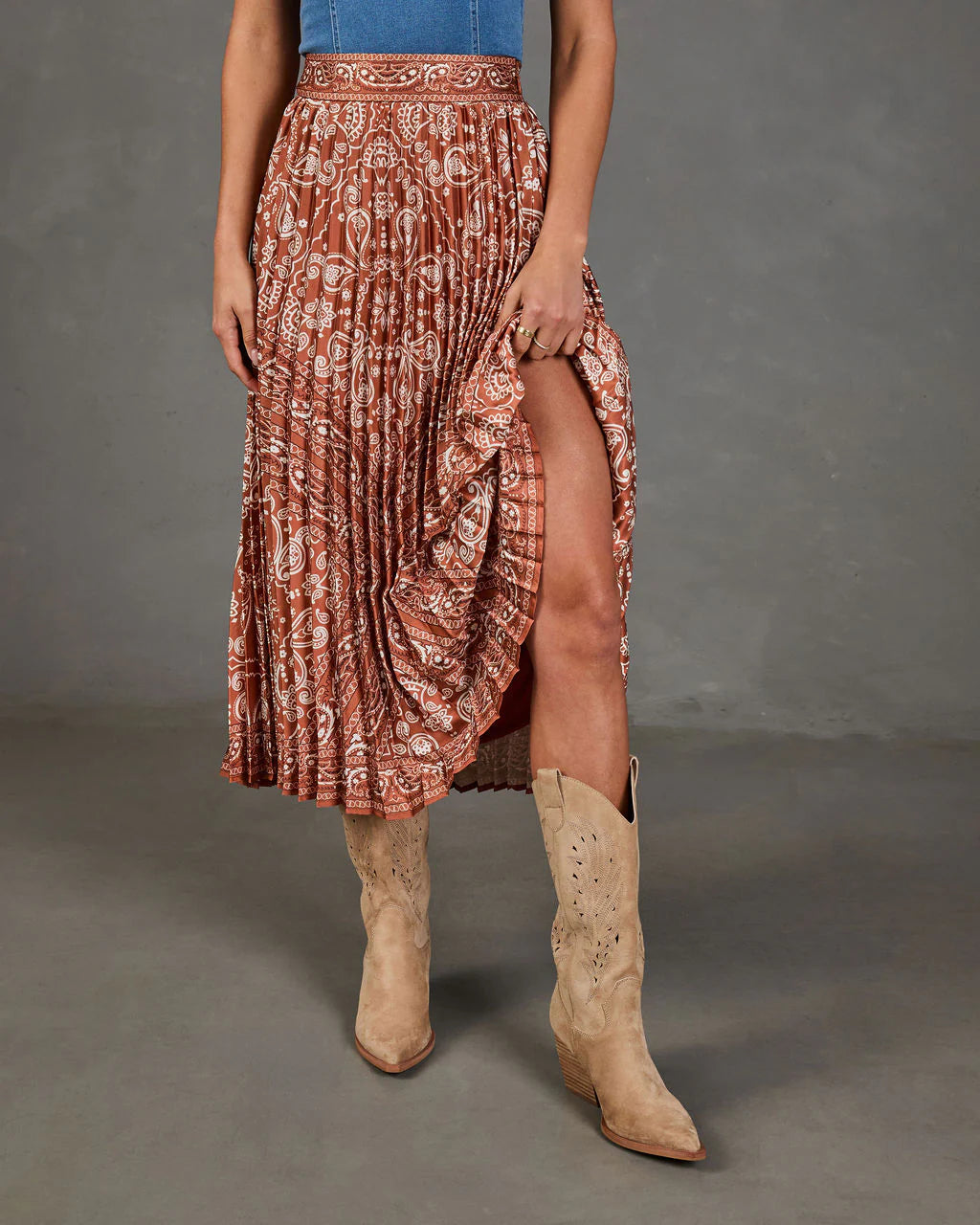 Whispered Valley Pleated Paisley Midi Skirt