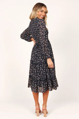 Edwina Shirred Frill Long Sleeve Midi Dress Navy Floral