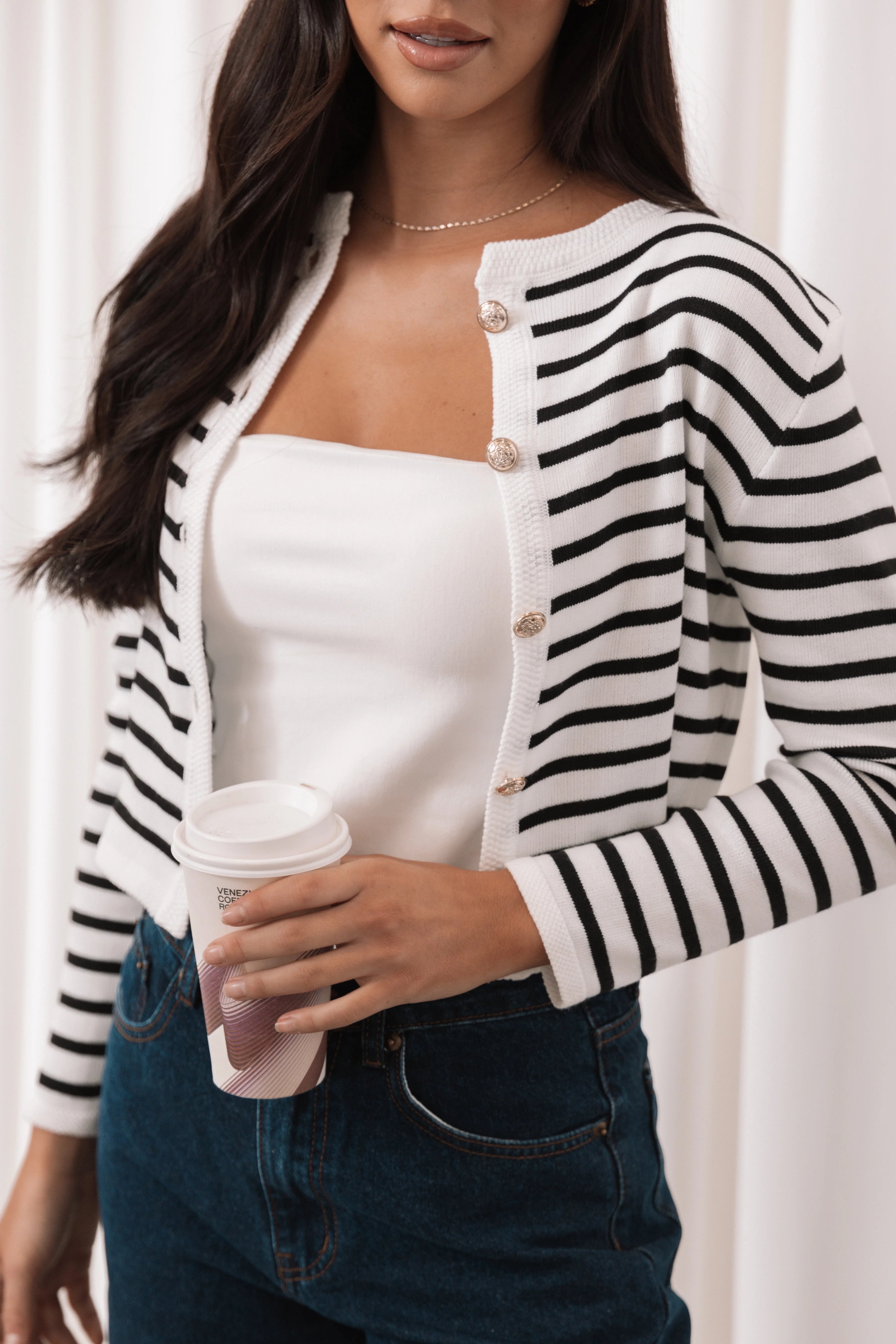 Cynthia Striped Button Front Cardigan Black Cream