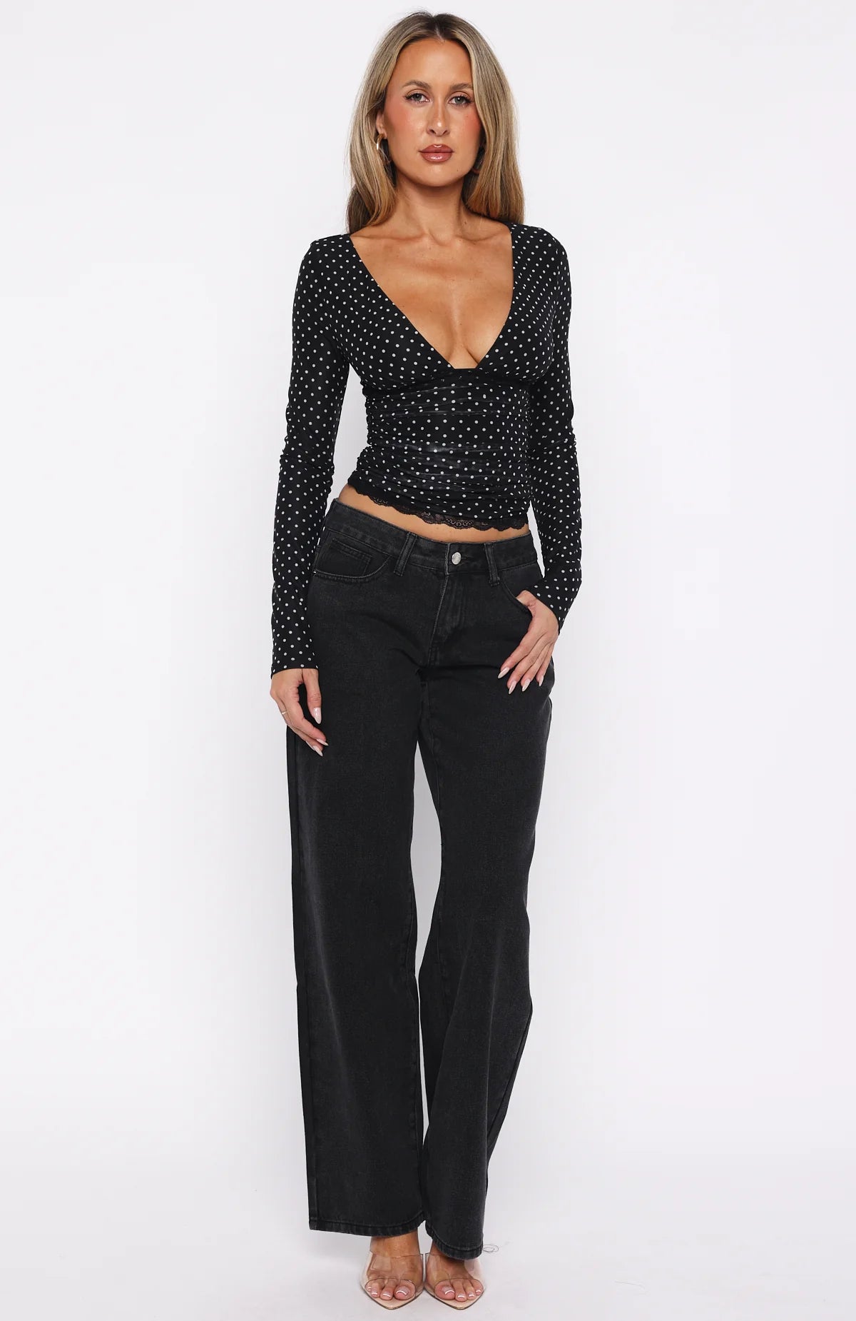 Clear As Day Long Sleeve Top Black White Polka Dot
