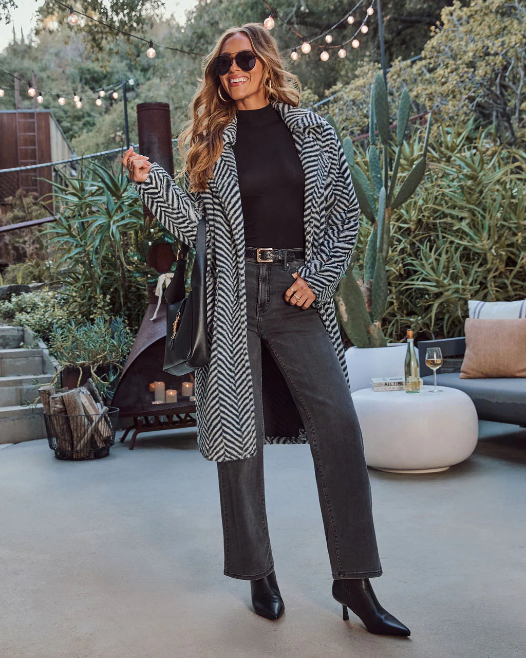 Noellah Herringbone Print Faux Fur Coat