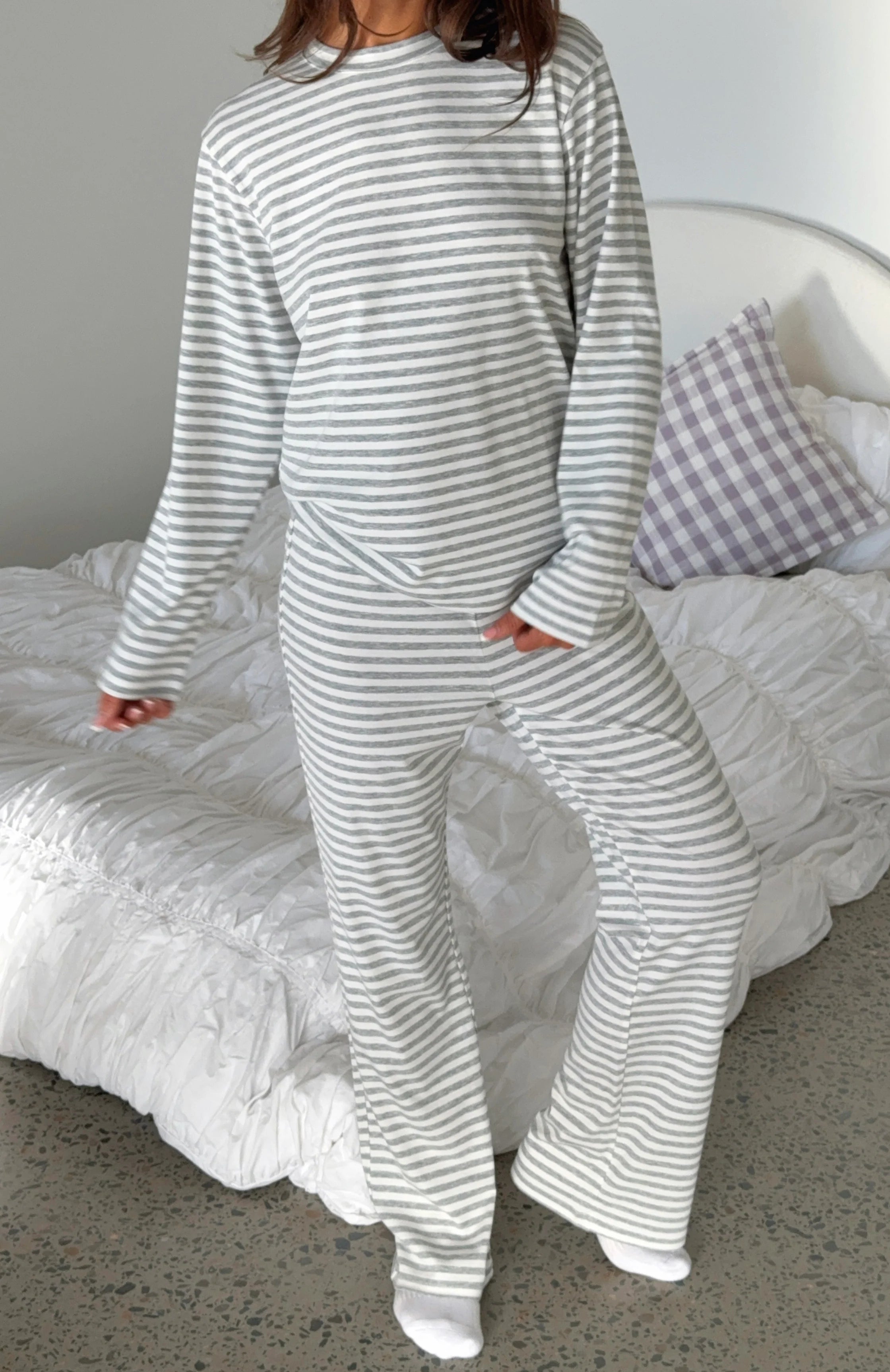 Slow Life Pyjama Pants Grey White Stripe