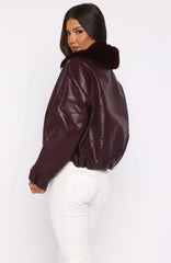 No Competition PU Bomber Jacket Burgundy