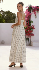 Nicole Spaghetti Strap Maxi Dress Beige Black Polka Dot