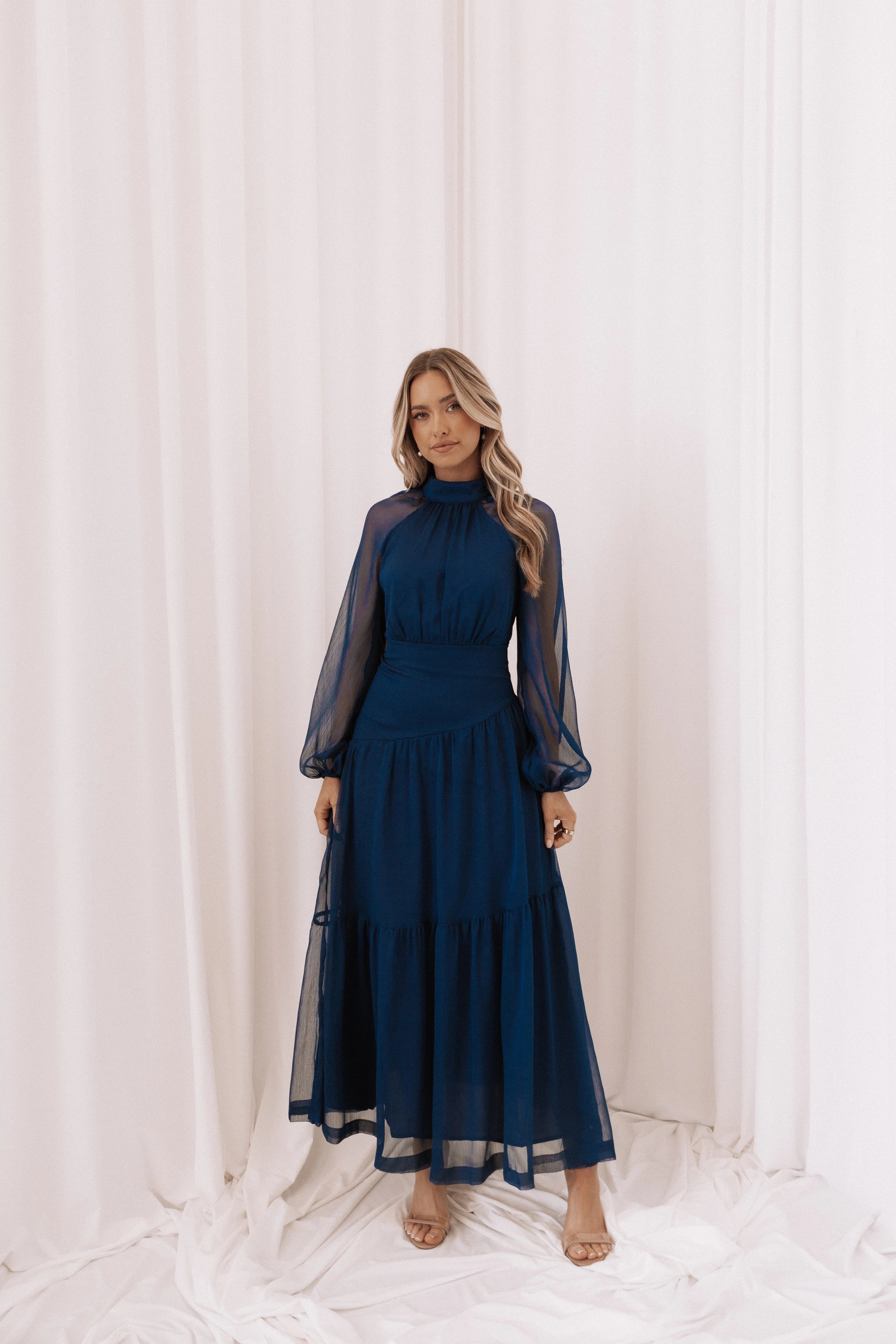 Julip Sheer Long Sleeve Maxi Dress Navy