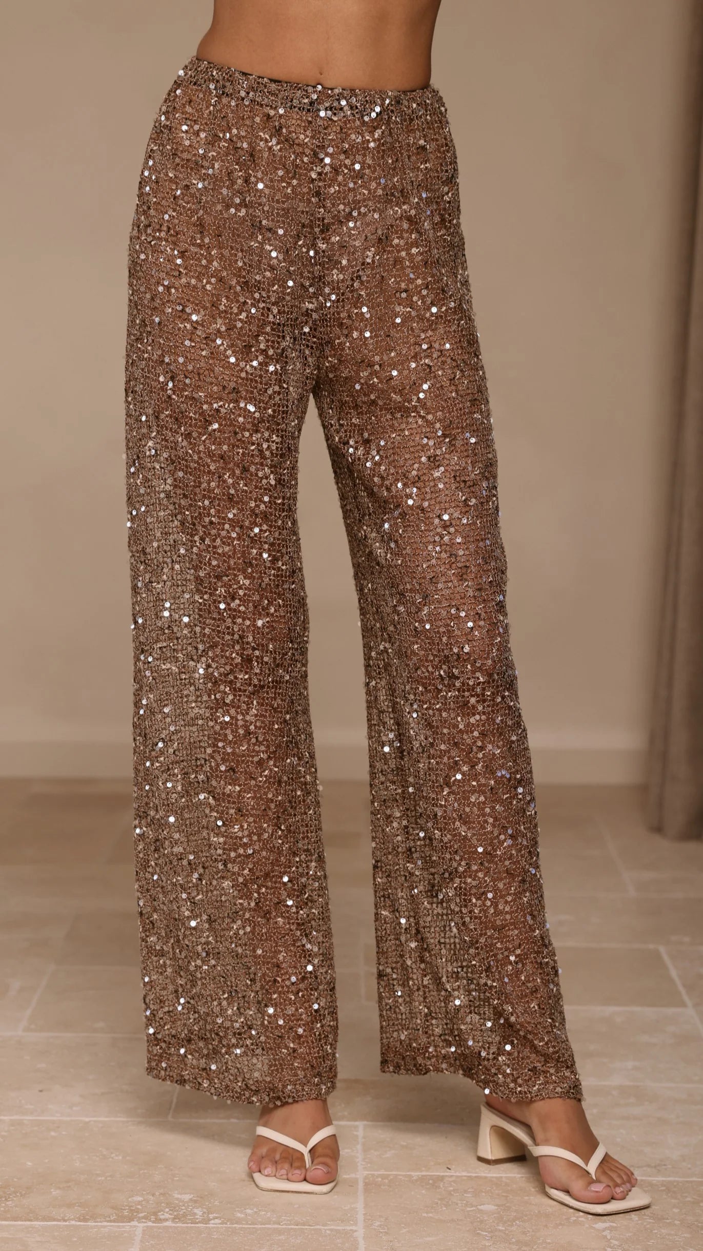 Zarina Sequin Long Line Top and Pants Set Mocha