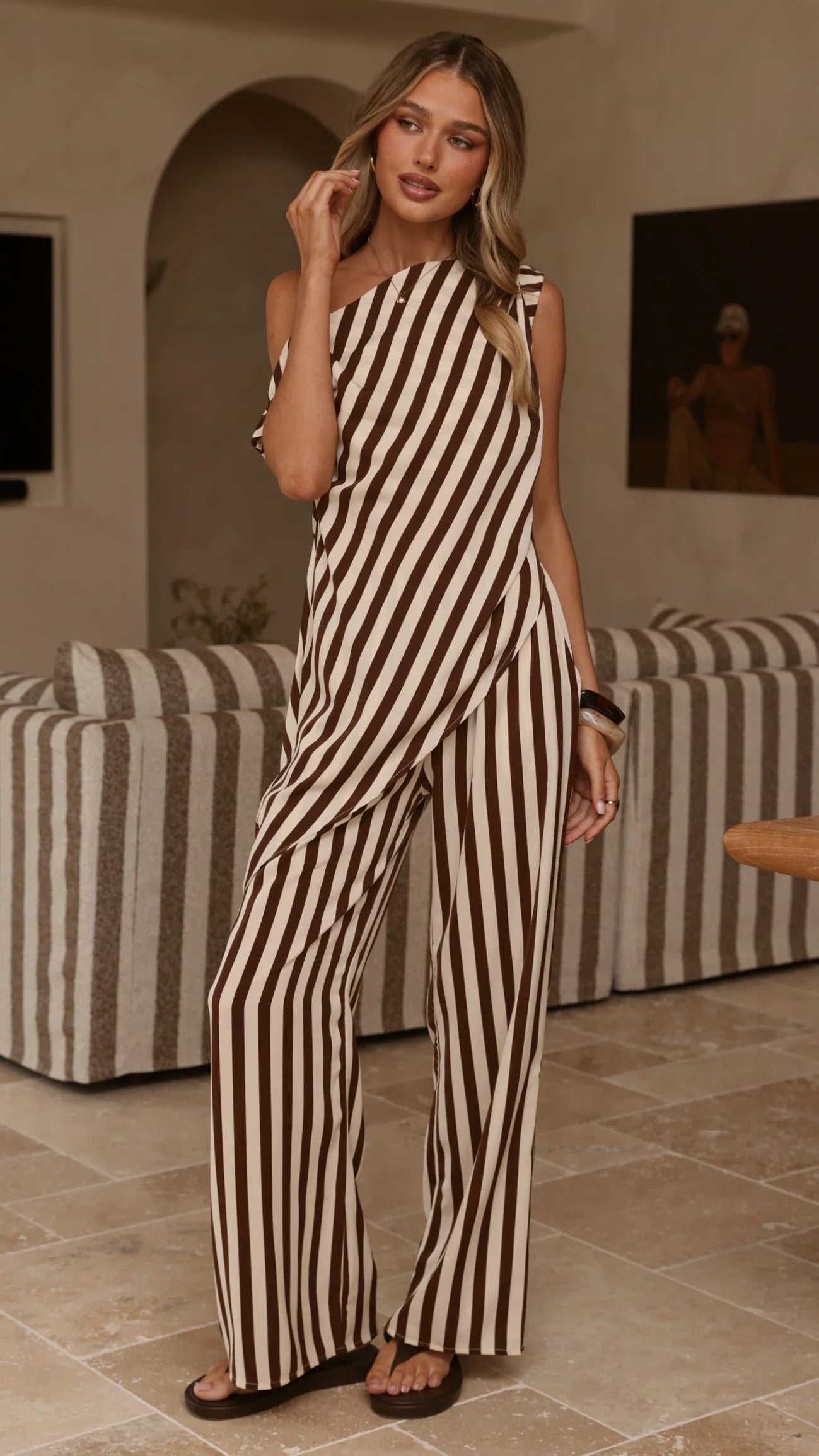 Liana Off Shoulder Top Pants Set Brown Stripe