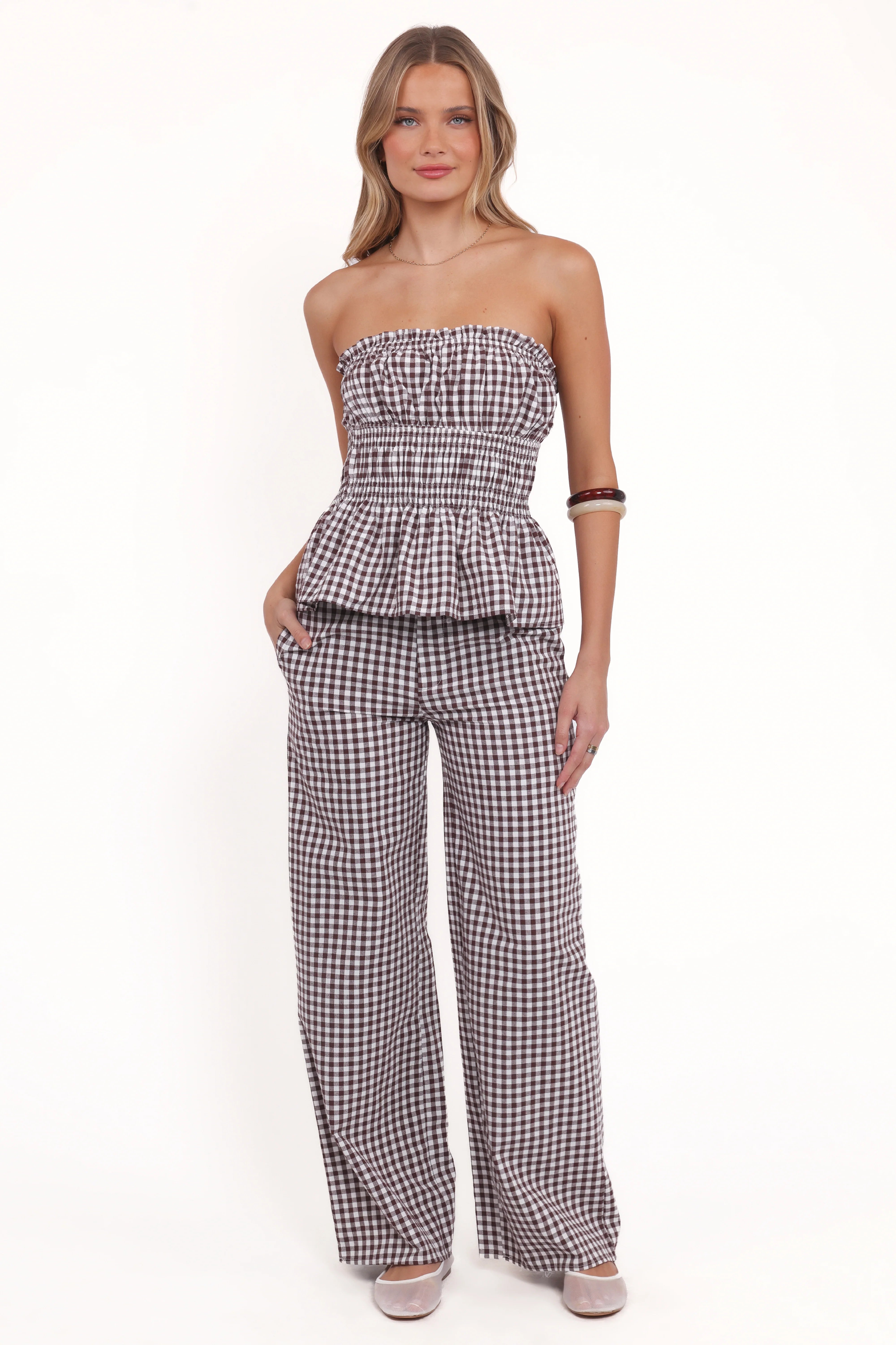 Amity Strapless Top Brown Gingham
