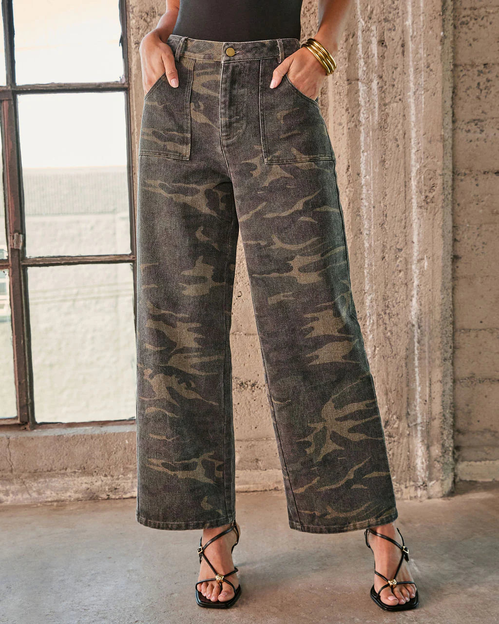 Polished Combat Rigid Straight Leg Camo Print Jeans