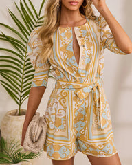 Golden Shore Nautical Print Waist Tie Romper