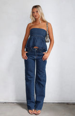 Zara Mid Rise Straight Leg Jeans Dark Blue