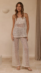 Zarina Sequin Long Line Top and Pants Set Beige