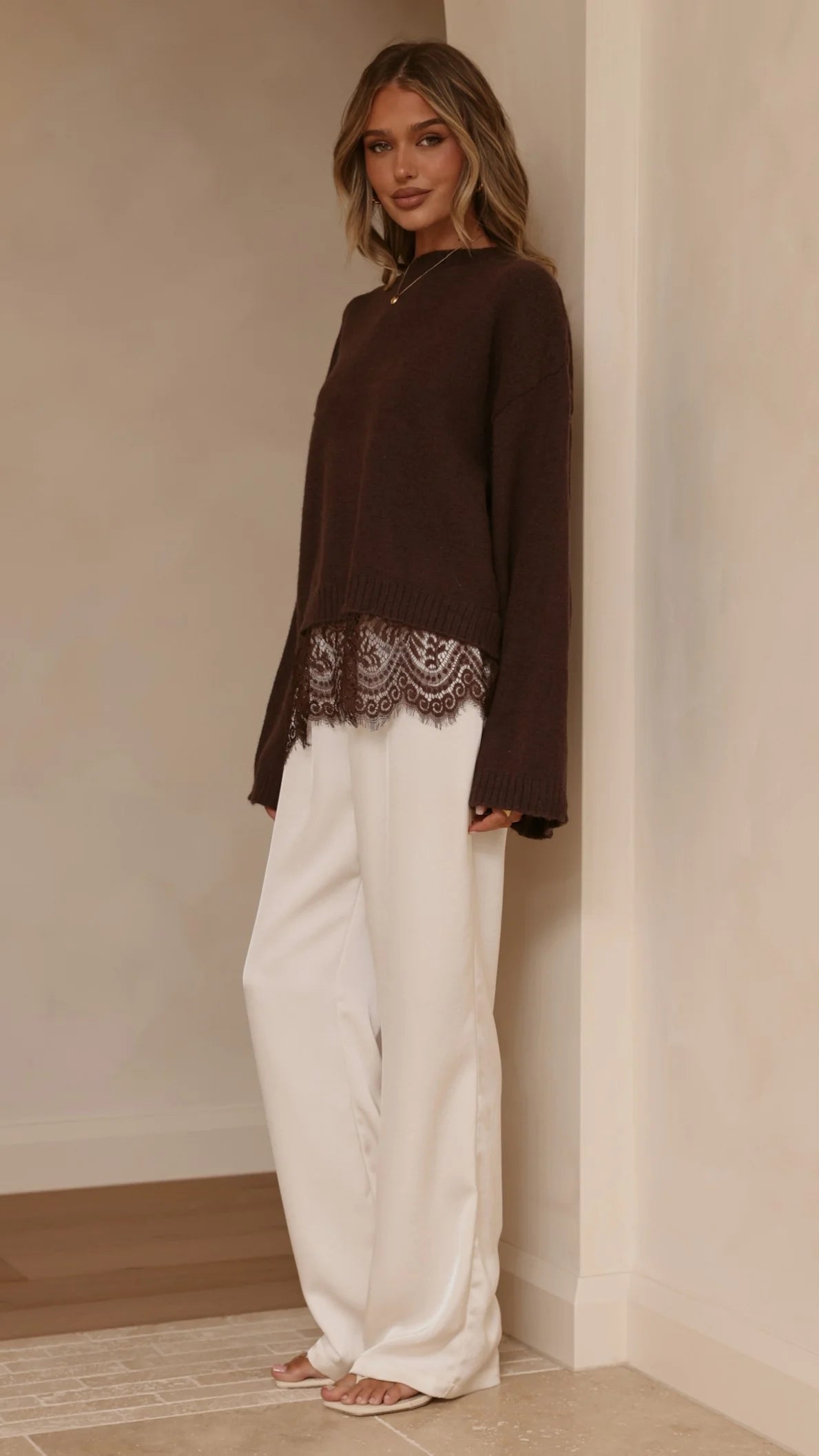 Kylan Lace Trim Sweater Brown