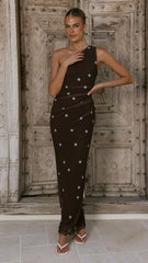 Cataleya Maxi Dress Brown Blue Polka Dot