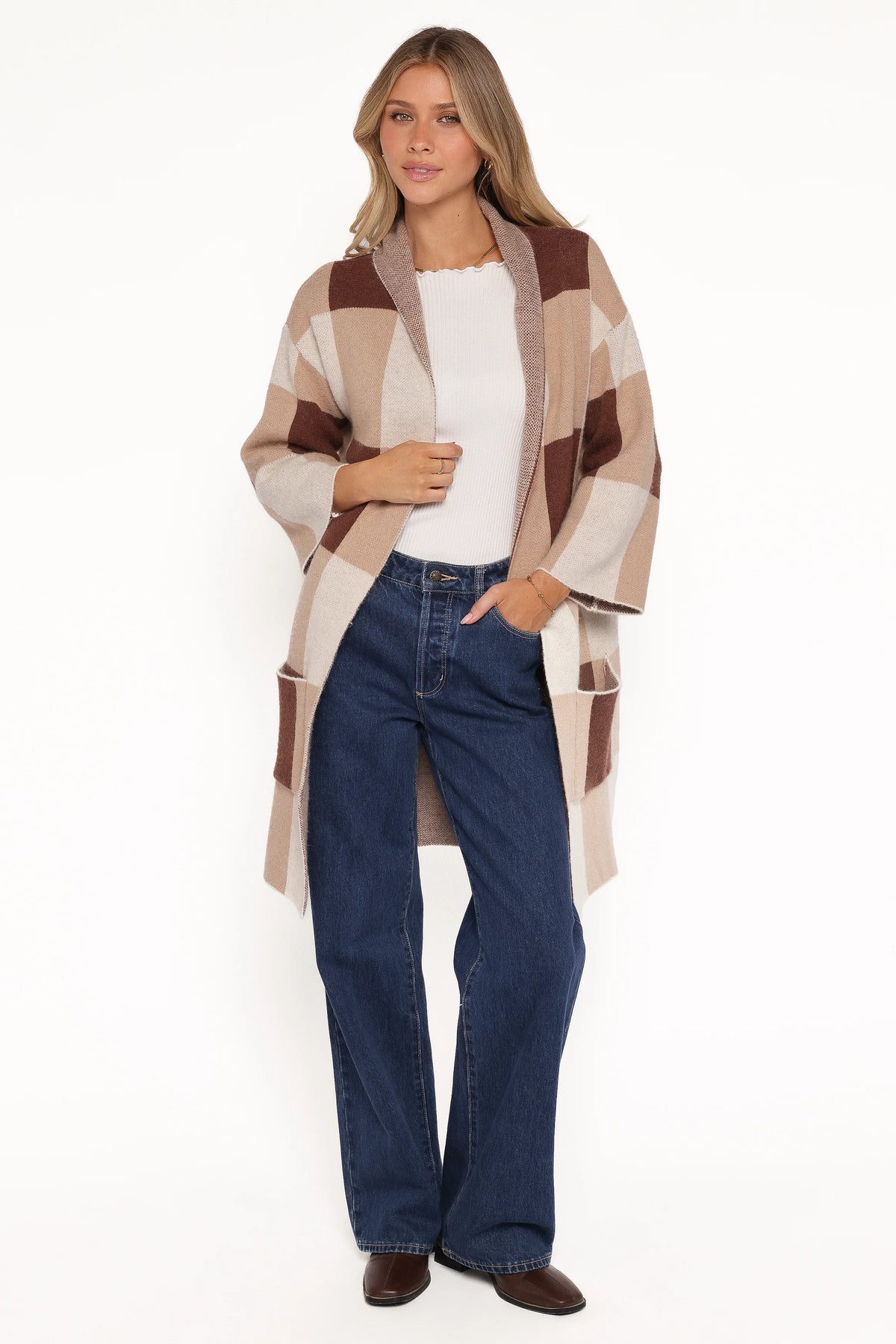 Ecoya Long Cardigan Brown Plaid