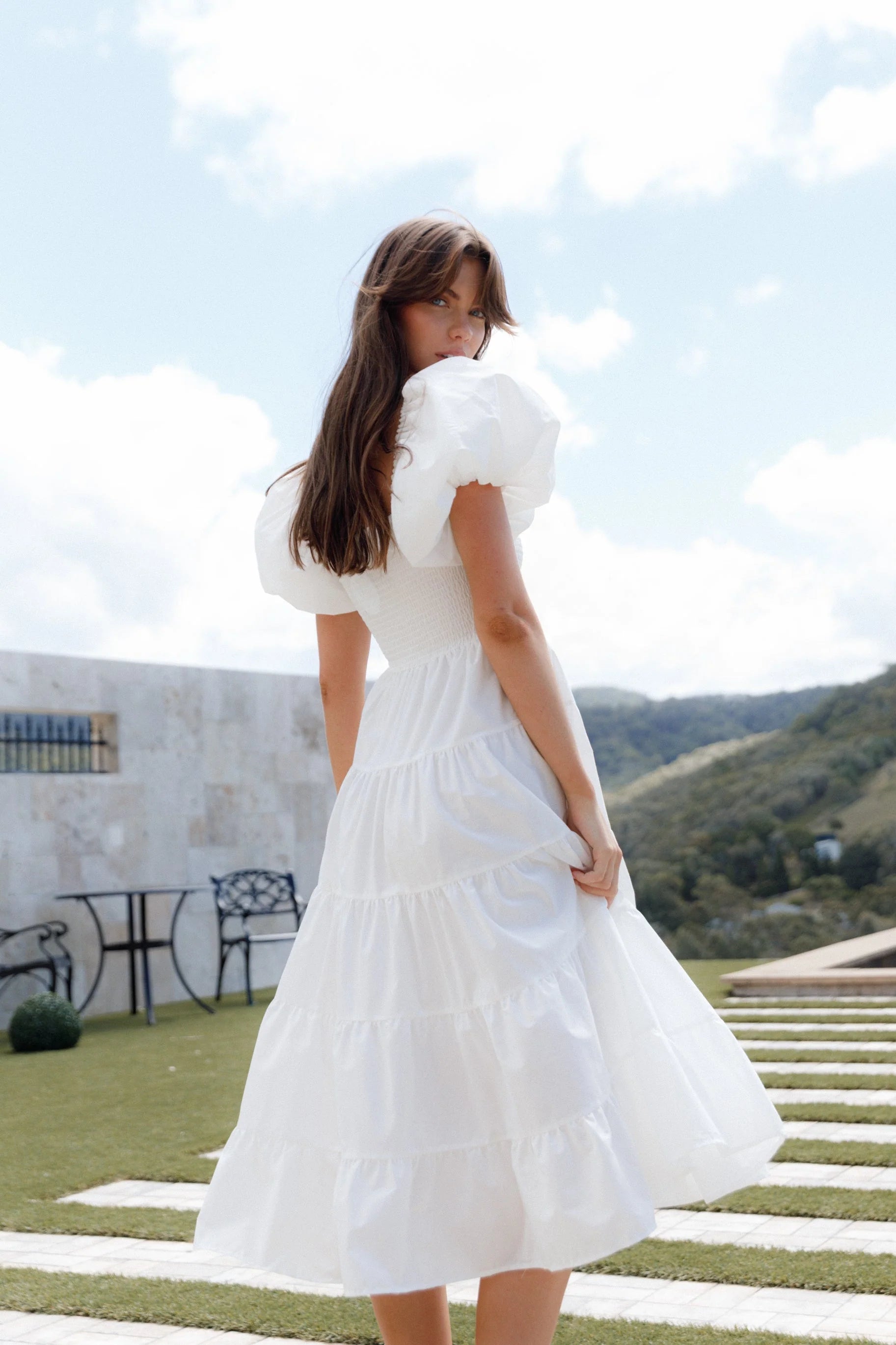 Annette Puff Sleeve Shirred Midi Dress White