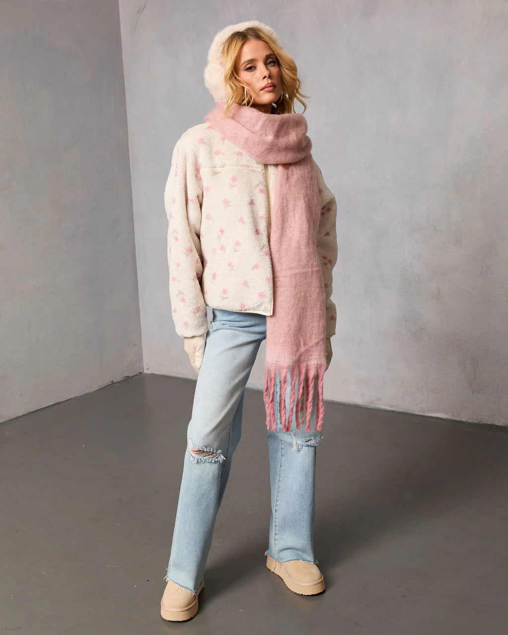 Winter Petal Printed Teddy Jacket