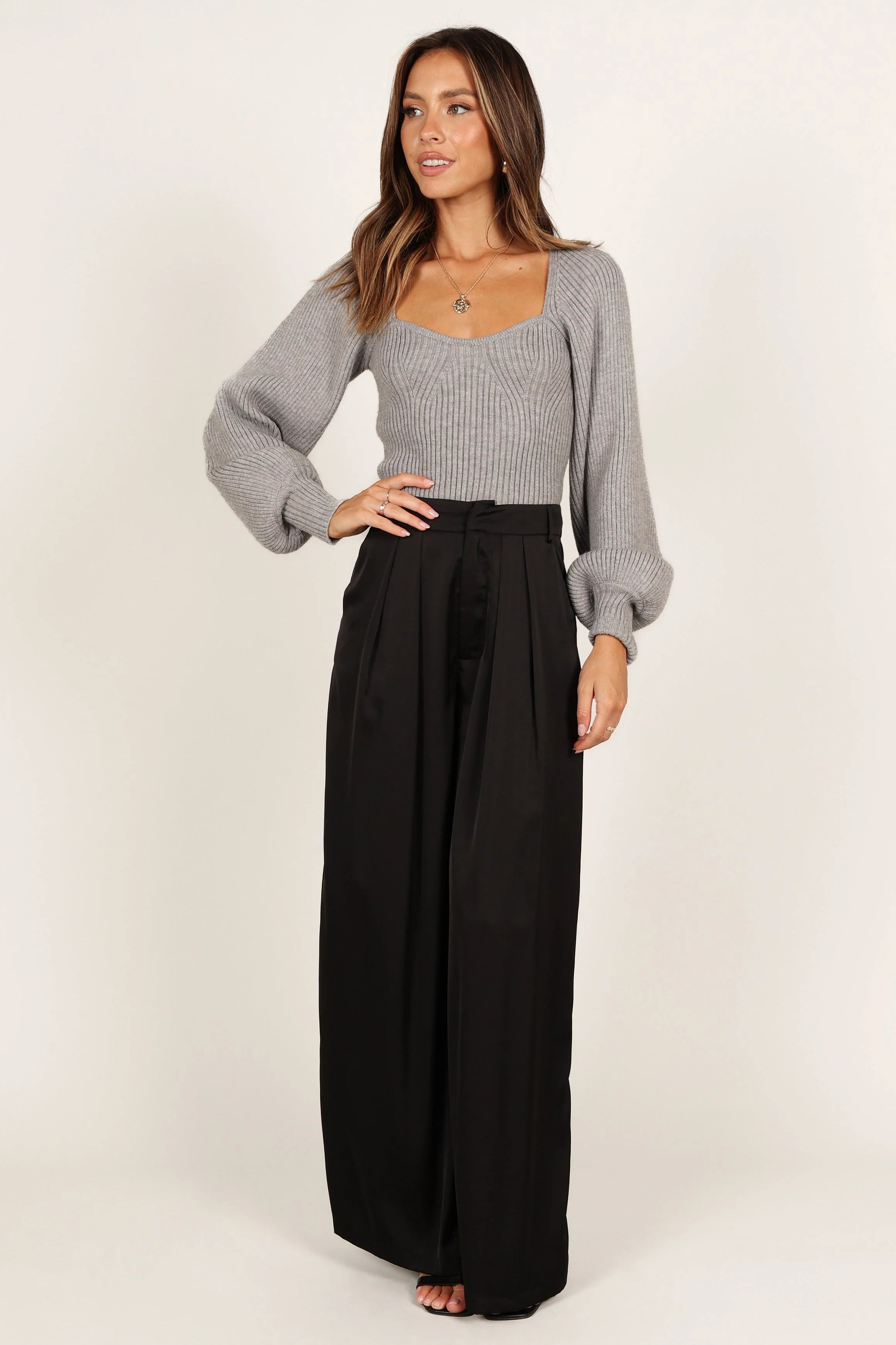 Gia Sweetheart Neck Bell Sleeve Knit Sweater Light Grey