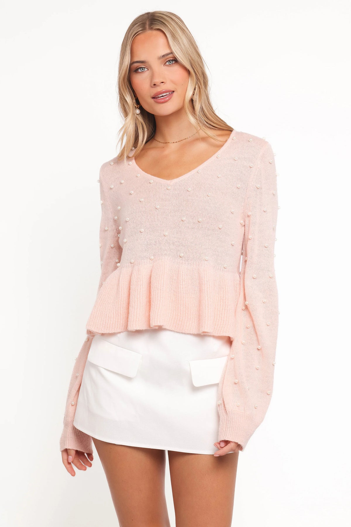 Molly Pearl Peplum Knit Sweater Light Pink