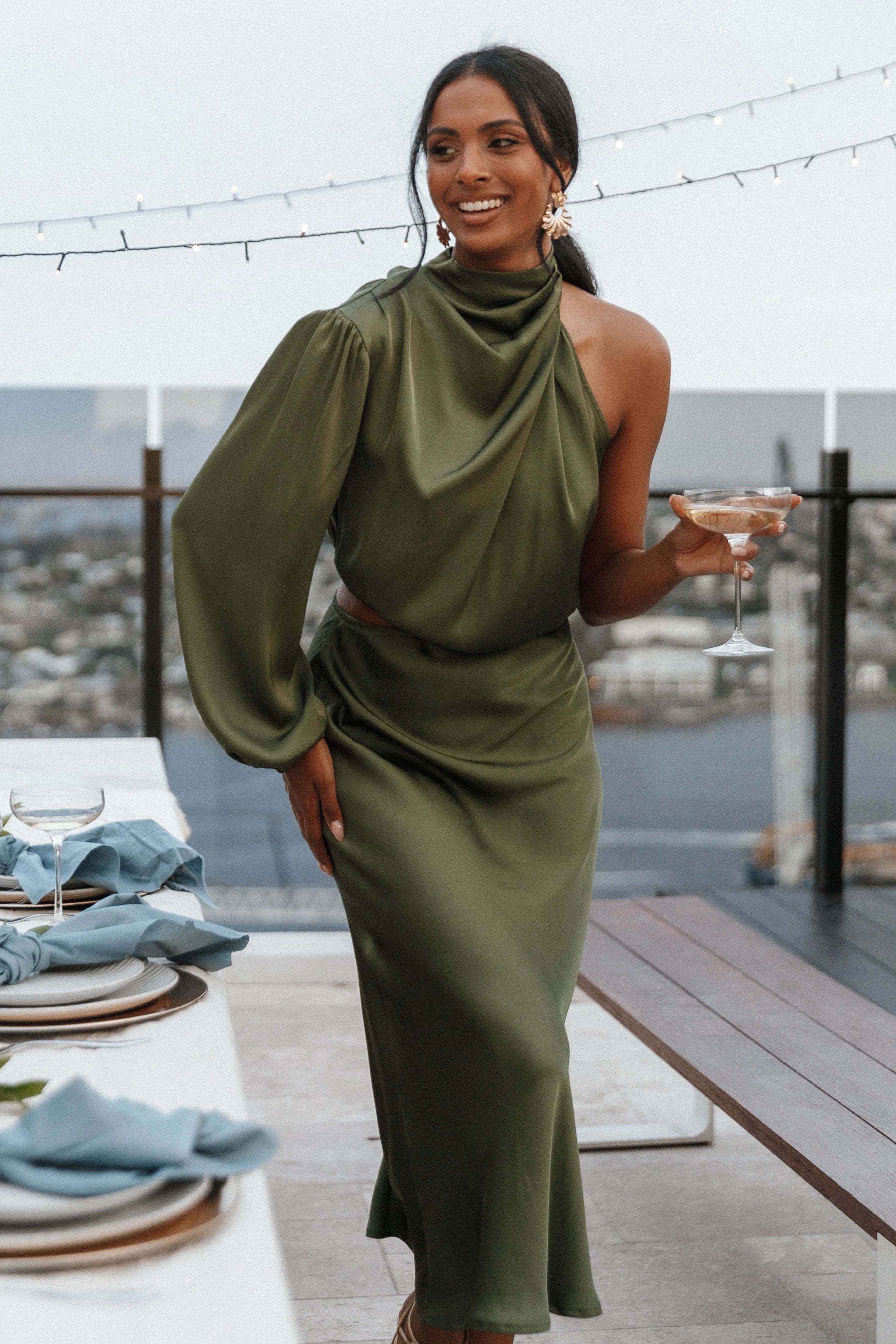 Amelie One Shoulder Midi Dress Olive