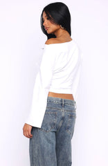 Falling For Him Cinched Waist Off Shoulder Long Sleeve Top White