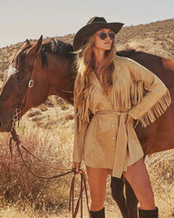 Olya Suede Wrap Tie Fringe Mini Dress