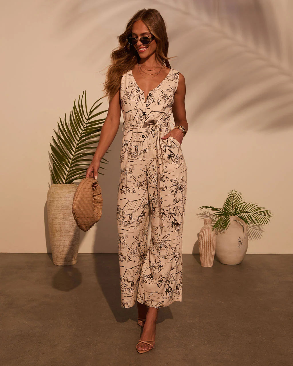 Palm Party Printed Waist Tie Jumpsuit
