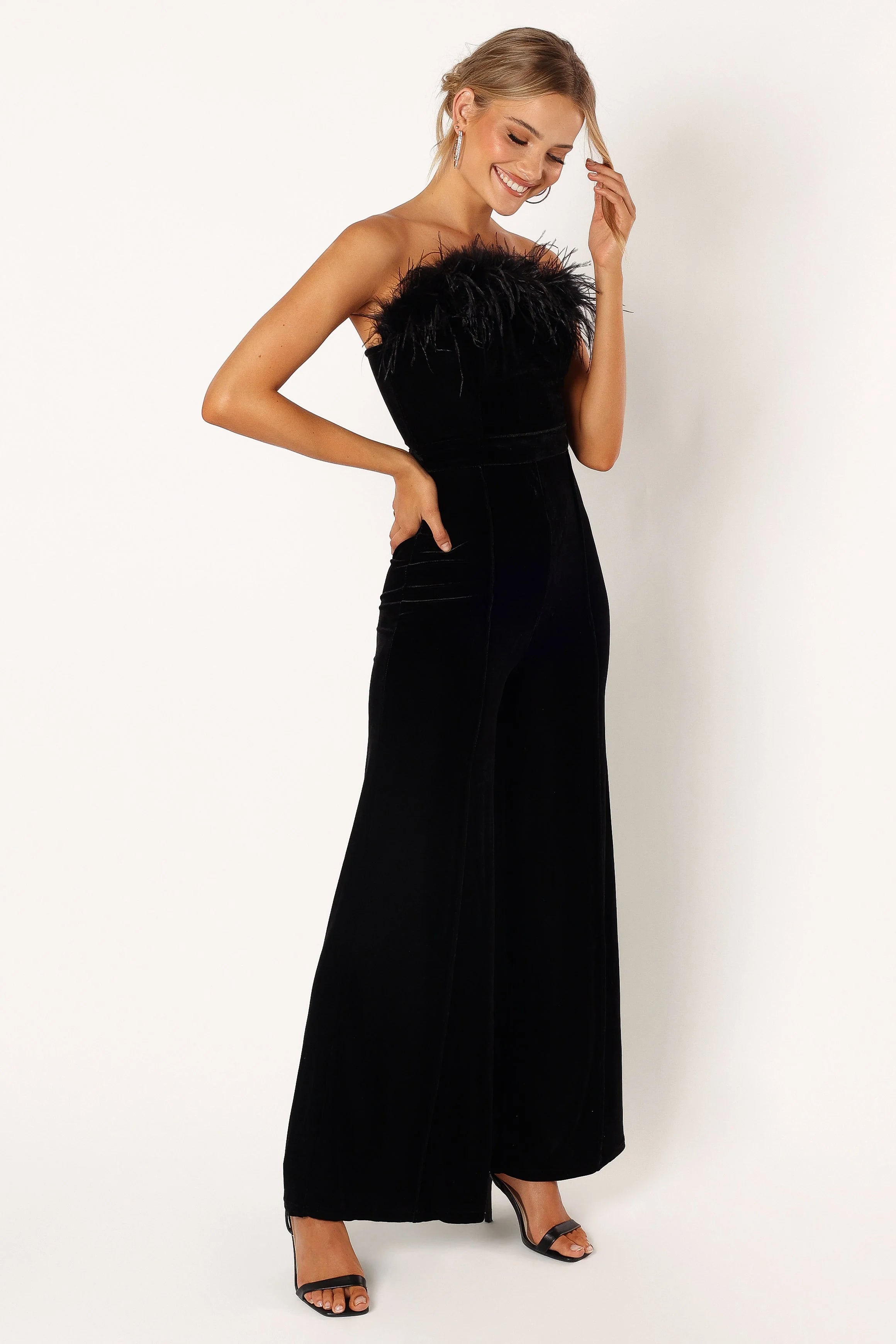 Donatella Feather Trim Jumpsuit Black