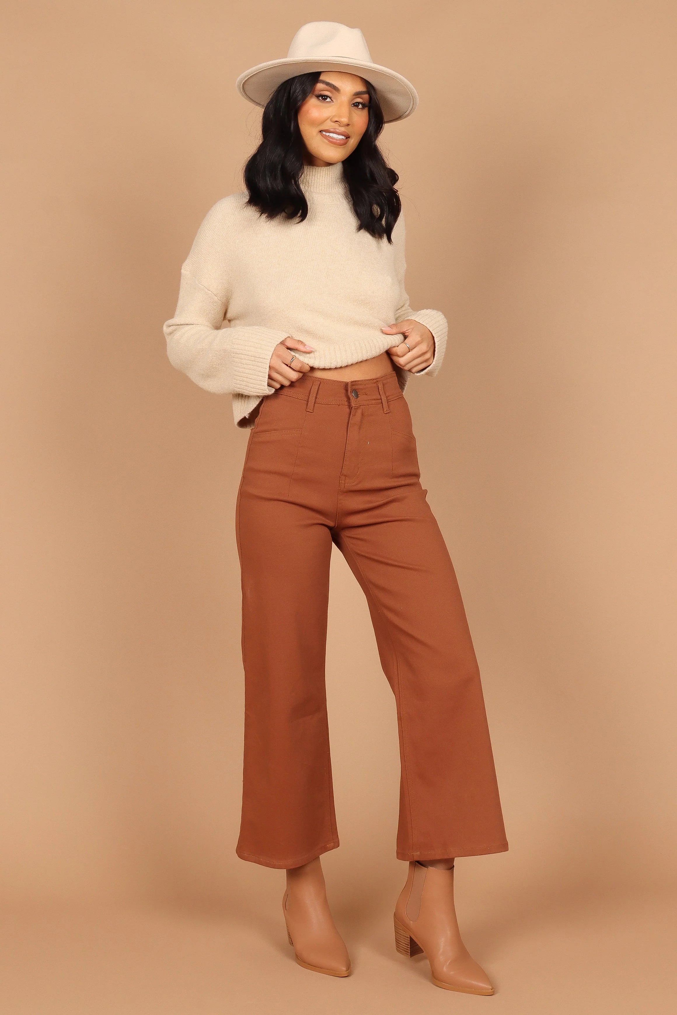 Georgette High Waisted Straight Leg Pants Brown